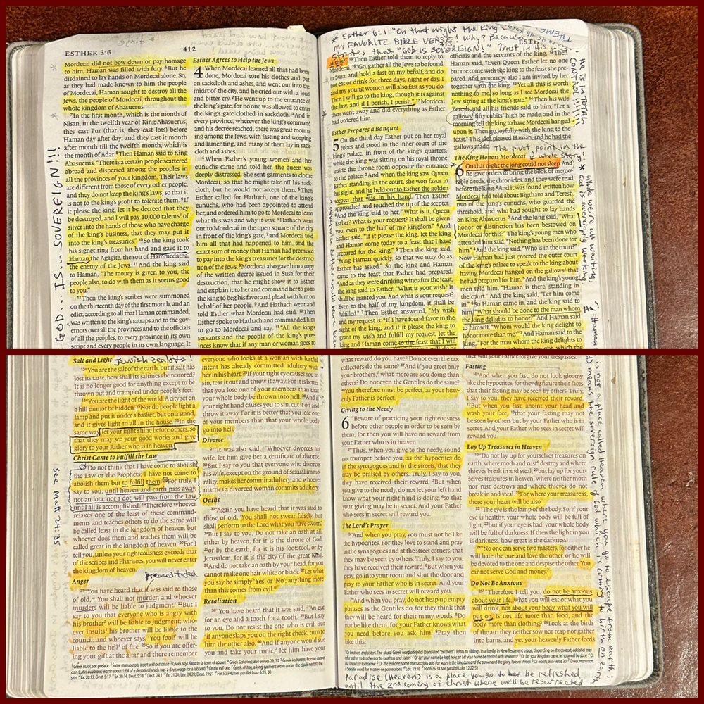 The open Bible, densely marked and annotated in Todd's hand